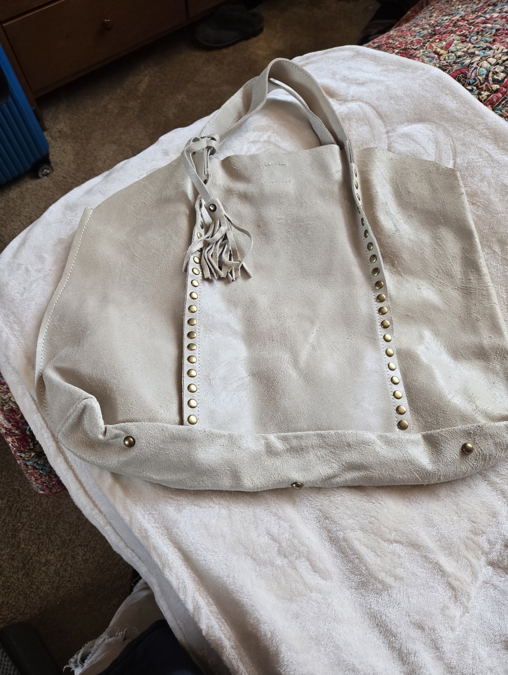 Neutral Suede Tassel Tote with Stud Detail